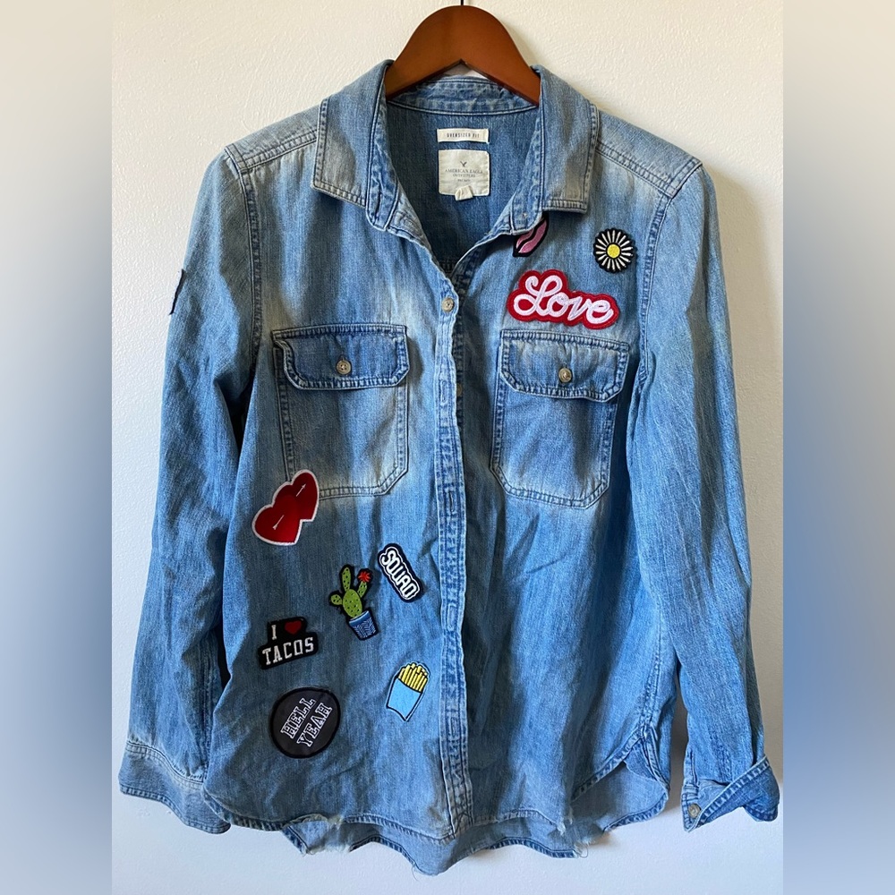 American Eagle Button Down Denim Shirt with Patches